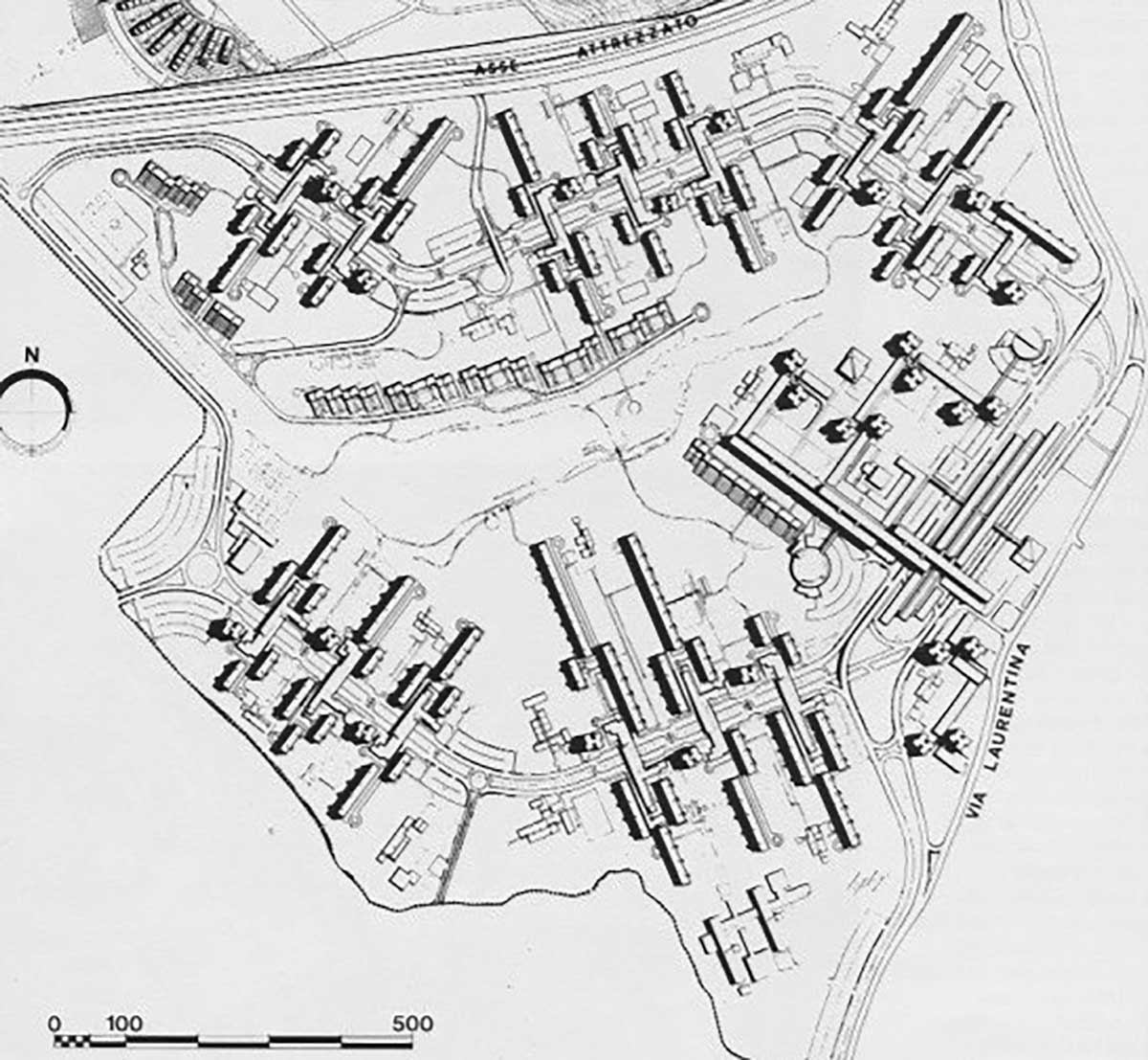 26 - Progetto urbanistico del Laurentino ‘38, Roma; con P. Barucci, S. De Rossi, L. Giovannini, C. Nucci - Planivolumetrico