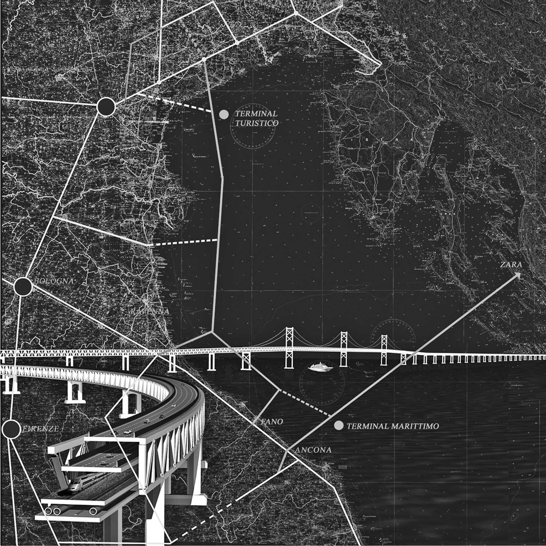 10 - Progetto “Ponte sull’Adriatico e terminal marittimo”, Ancona (Italia) - Zara (Dalmazia) - Prima idea progettuale presentata al Ministero delle Infrastrutture
