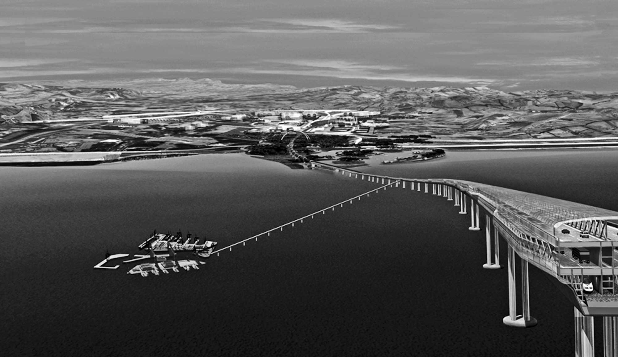 11 - Progetto “Ponte sull’Adriatico e terminal marittimo”, Ancona (Italia) - Zara (Dalmazia) - Vista generale del ponte e del terminal marittimo