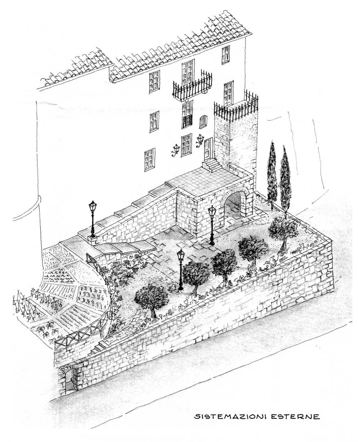 12 - Ristrutturazione di immobile nel centro storico di Rapolano Terme (SI) - Vista prospettica delle sistemazioni esterne