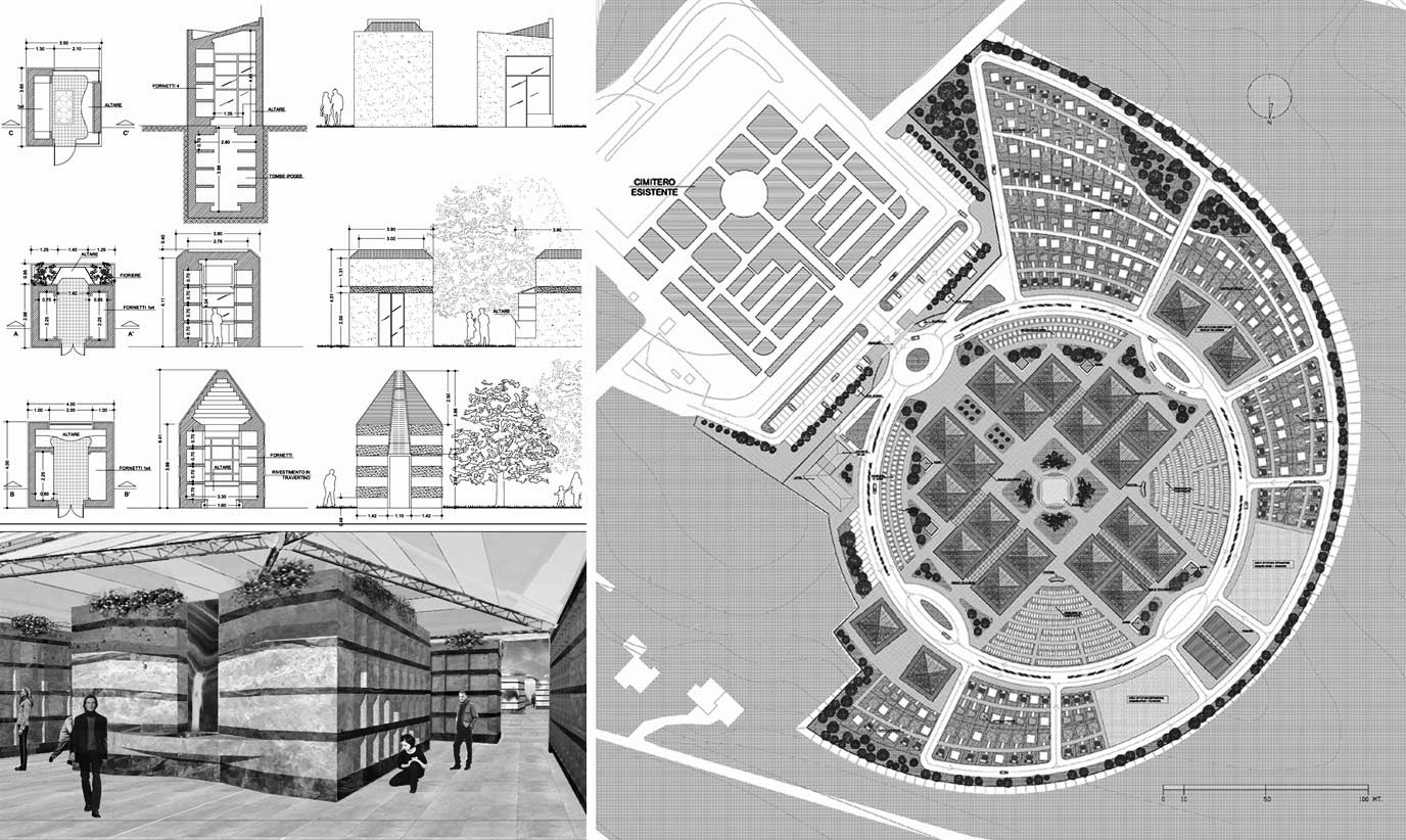 21 - Progetto preliminare e definitivo dell’ampliamento del Cimitero di Ardea (RM). Realizzato - Piante, prospetti e sezioni di dettaglio, planimetria generale, vista interna