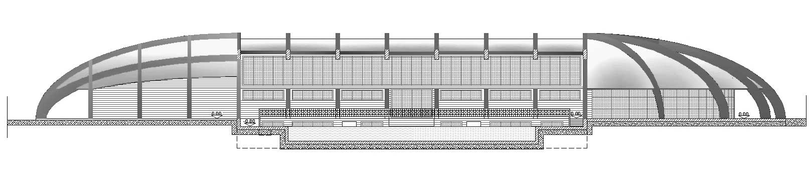 21 - Progetto preliminare di impianto sportivo in via della Moschea, Roma, per General Properties Asset Management SpA - Sezione longitudinale