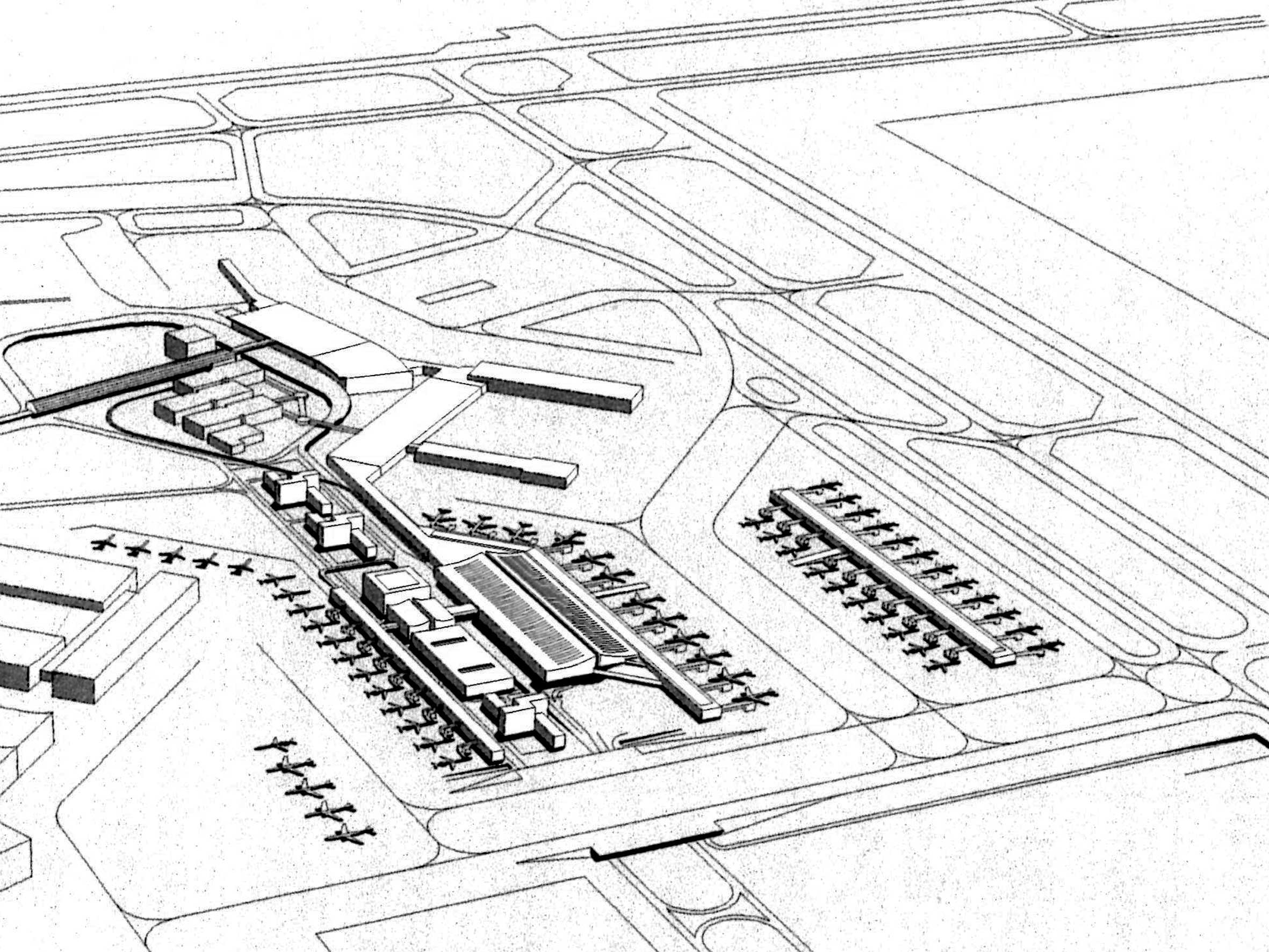 23 - Proposta per una nuova aerostazione Alitalia nell’area centrale e merci dell’Aeroporto “L. Da Vinci”, Fiumicino (RM) - Vista prospettica aerea