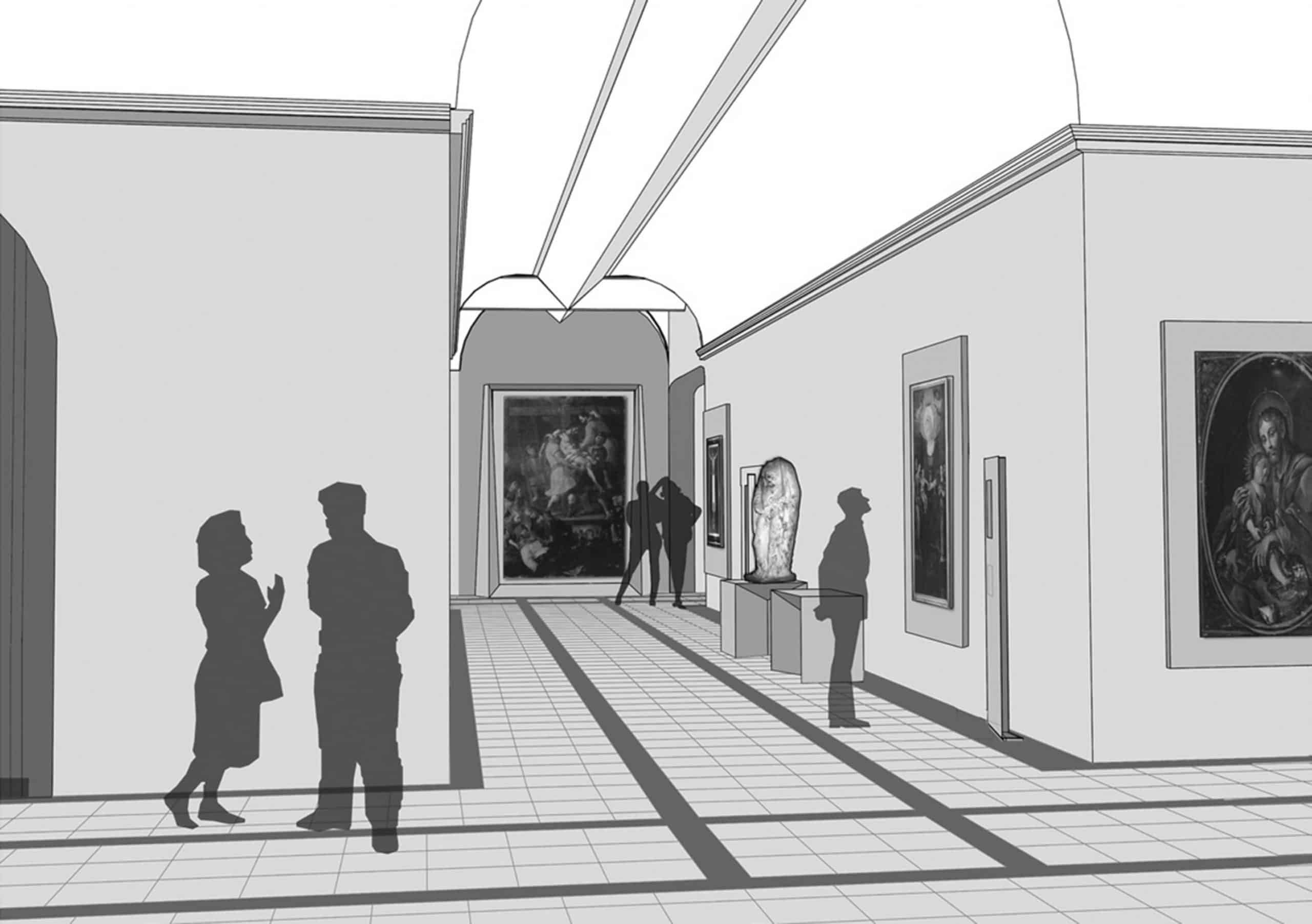 23 - Progetto di allestimento del Museo di Arte Sacra nel Convento del Carmine, Scicli (RA), per Comune di Scicli - Vista prospettica interna