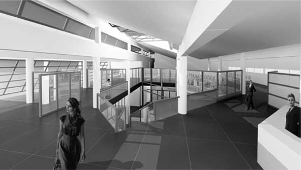 26 - Progetto della nuova Biblioteca di Maranello (MO); con B. Cerruti. Concorso di idee - Render degli spazi interni