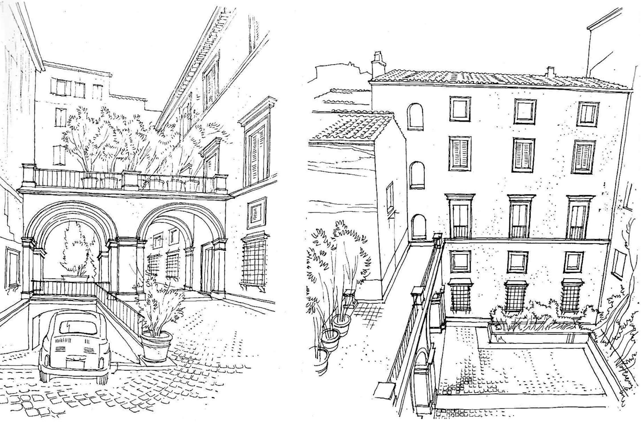 3 - Restauro e conservazione di Palazzo Maculani in via di Santa Maria dell’Anima, Roma - Viste prospettiche della corte interna