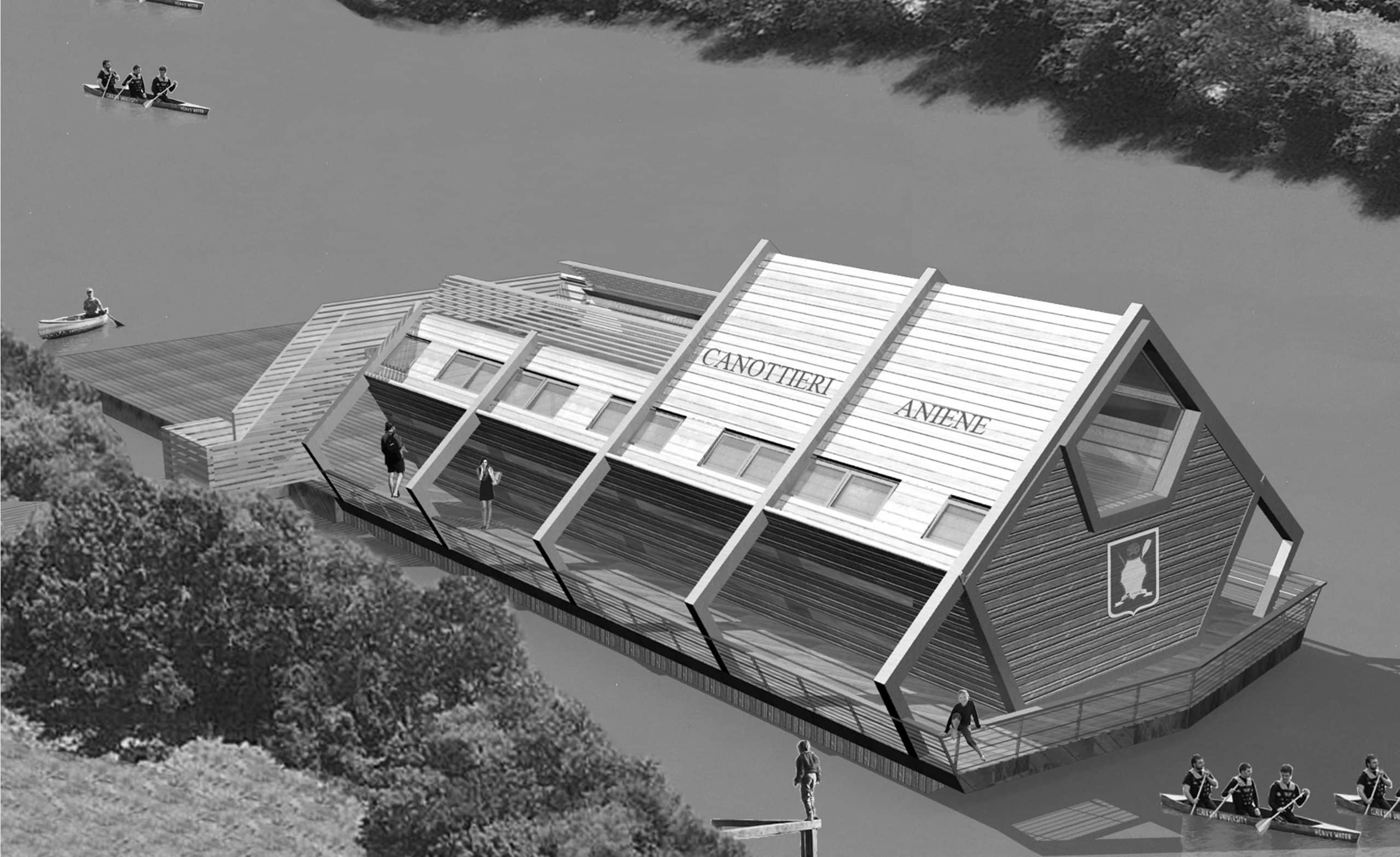 5 - Progetto di installazione galleggiante per ricovero barche a Roma, per Circolo Canottieri Aniene - Render dell’esterno