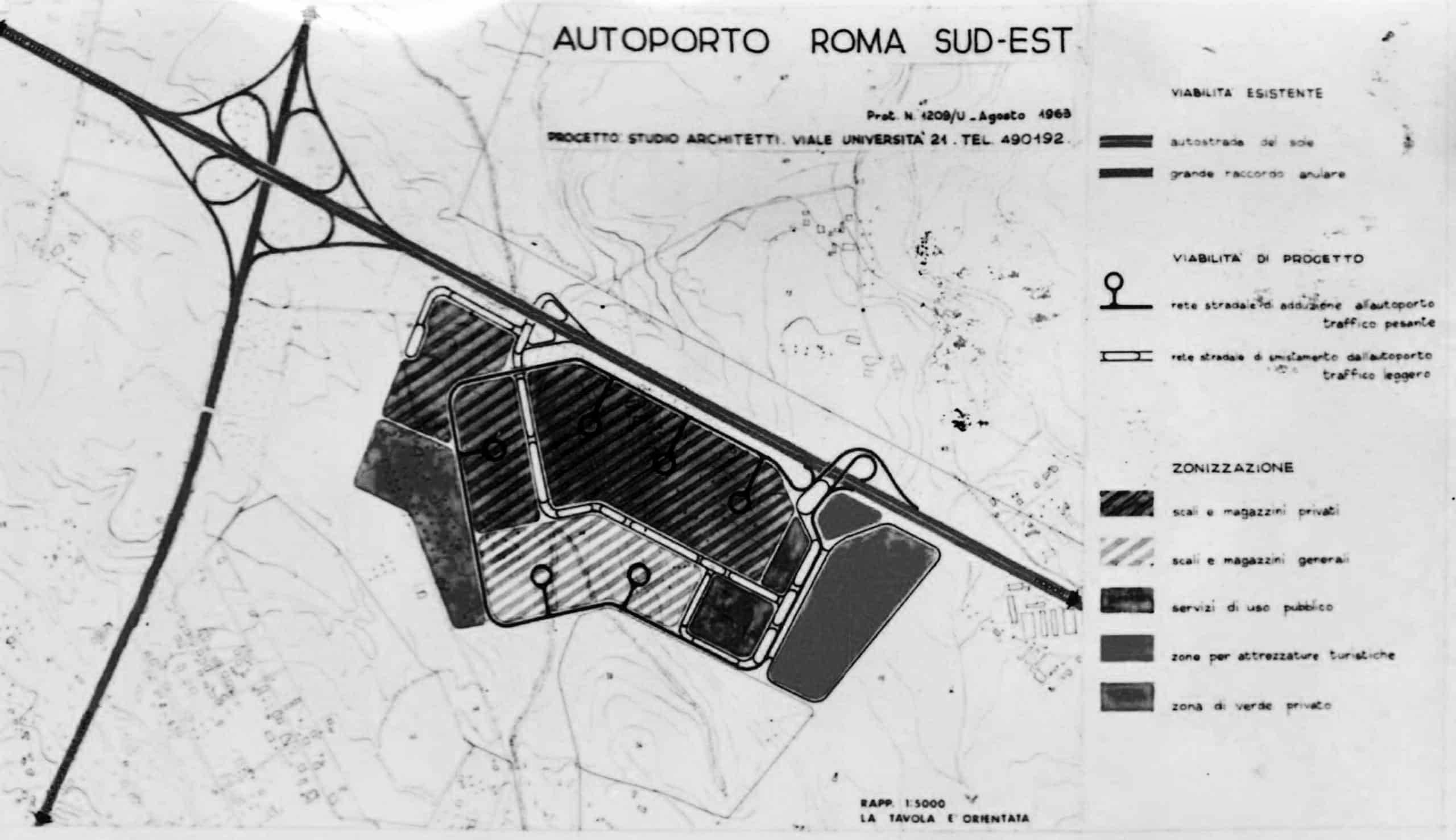 5 - Progetto planovolumetrico dell’autoporto Roma Sud-Est; con Studio Architetti - Planimetria generale con zonizzazione