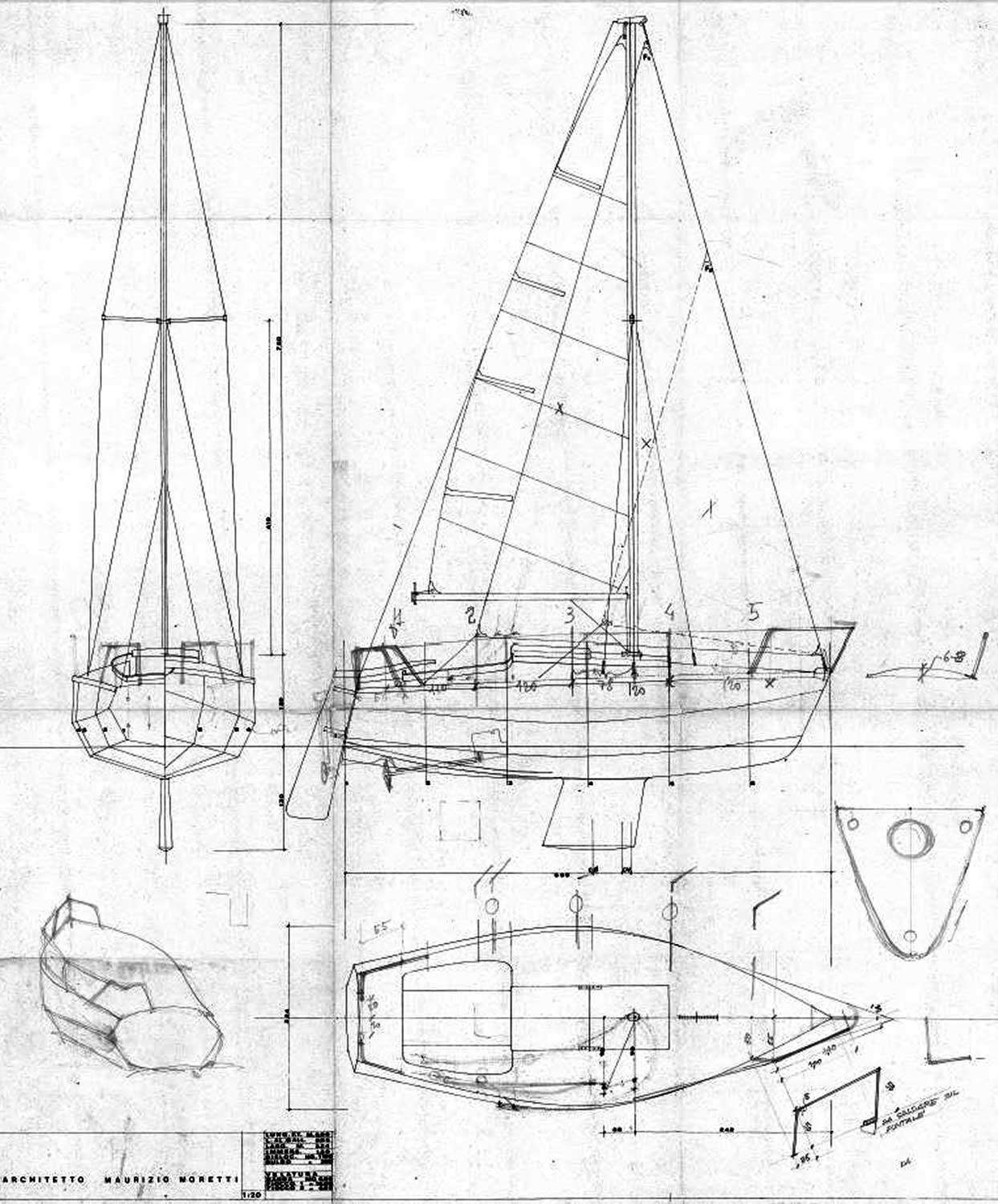 5 - Progetto di barca a vela - Pianta, prospetti, studio assonometrico e dettagli