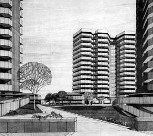 12 - Complesso abitativo di cinque edifici a La Favorita, via del Fante, Palermo, per INAIL(con M.Lombardi) - prospettiva
