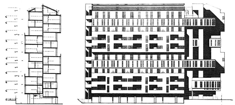 13 - Unità d’abitazione di 80 alloggi a Torino, per INCIS (in collab.) - sezione trasversale e prospetto
