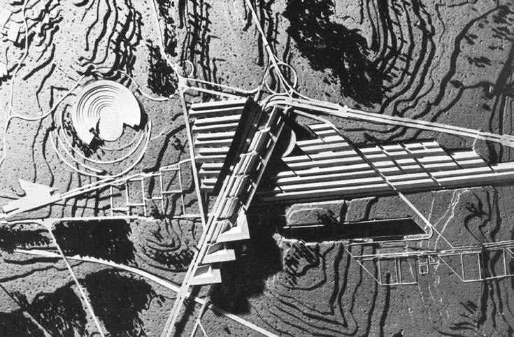 16. Università di Cosenza, P. Angeletti, C. Conforto, G. De Giorgi, A. Muntoni, M. Pazzaglini, Gaia Remiddi, P. Sadoun e F. Fiore, concorso internazionale, 1973 - Vista zenitale del plastico