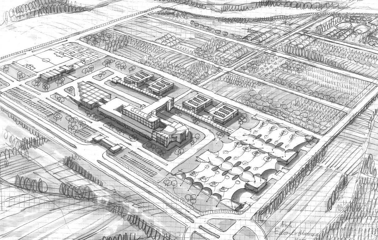 15. Centro di ricerca a Lamezia Terme
(CZ), con A. Martini, strutture A. Dè Medici, 1987-99 - Vista assonometrica planivolumetrica
