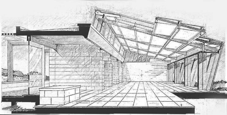 17. Progetto per una falegnameria in via Cugnana, loc. Porto Rotondo di Olbia (SS), 1975 – Sezione prospettica