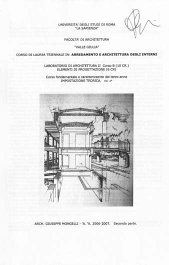 35. Università degli Studi di Roma “La Sapienza”, Facoltà di Architettura “Valle Giulia”, Corso di Laurea triennale in Arredamento e Architettura degli Interni, Laboratorio di Architettura II Corso B (10 Cr), Elementi di Progettazione (6 Cr), Corso fondamentale e caratterizzante del terzo anno, Impostazione teorica ed. 1°, A.A. 2006-07, Programma, seconda parte – Copertina