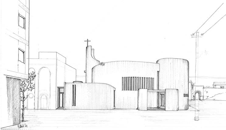 1. Progetto della Chiesa di San Bonaventura ad Anzio (RM), 1969-73 – Vista prospettica esterna