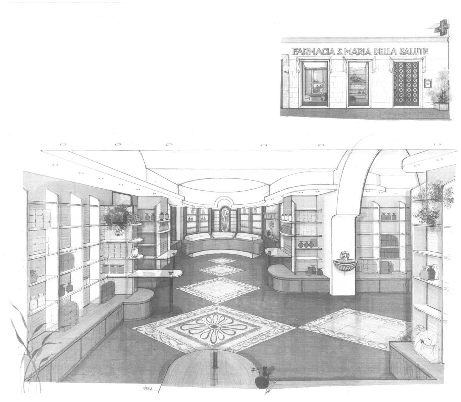 10. Farmacia S. Maria della Salute in via di Torre Clementina a Fiumicino (RM), 1998 – Vista prospettica interna e dettaglio del prospetto
