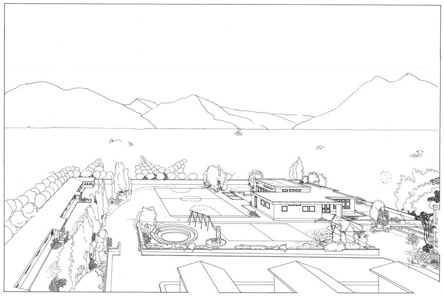 6. Centro incontri e scuola materna nel Villaggio 23 Novembre a Monteforte Irpino (AV), 1982 – Vista prospettica esterna d’insieme