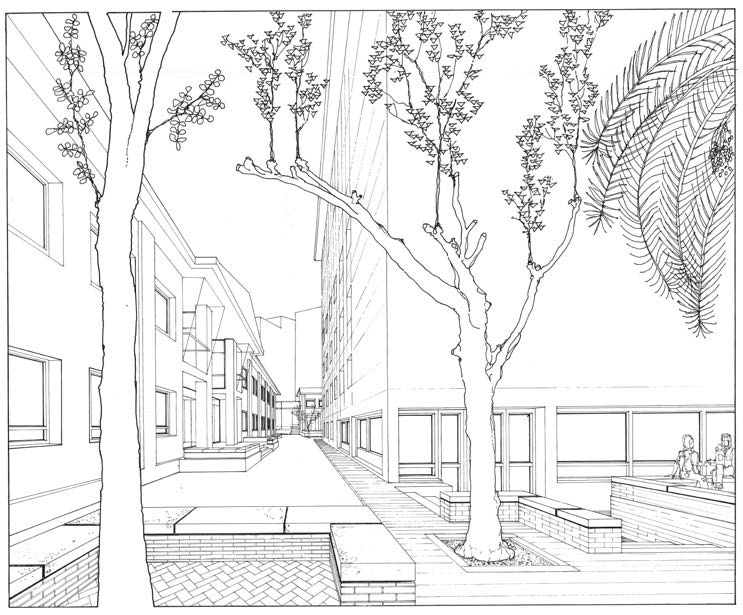 9. Progetto per il centro dell’Esercito della Salvezza in via degli Apuli a Roma, 1992 – Vista prospettica degli spazi di relazione