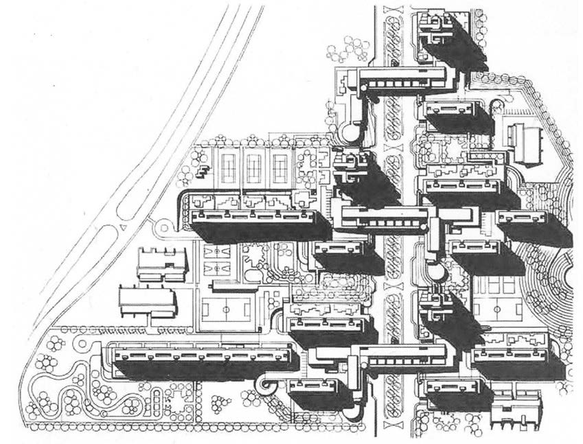 1. Appalto per la costruzione di 700 alloggi e 3 edifici ponte per il PdZ n. 38 Roma - Laurentino, 1976-78 – Planimetria del settore NE 1/2/3
