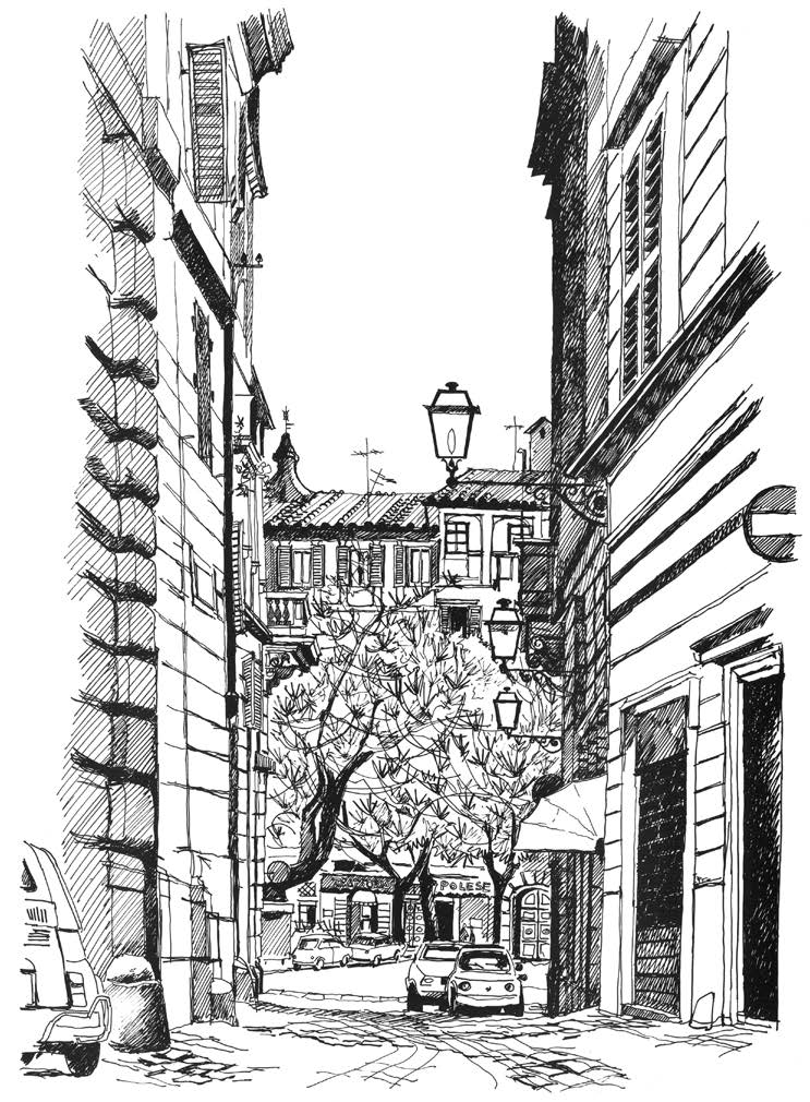 16. Vicolo Sforza Cesarini a Roma – Vista prospettica dal vero