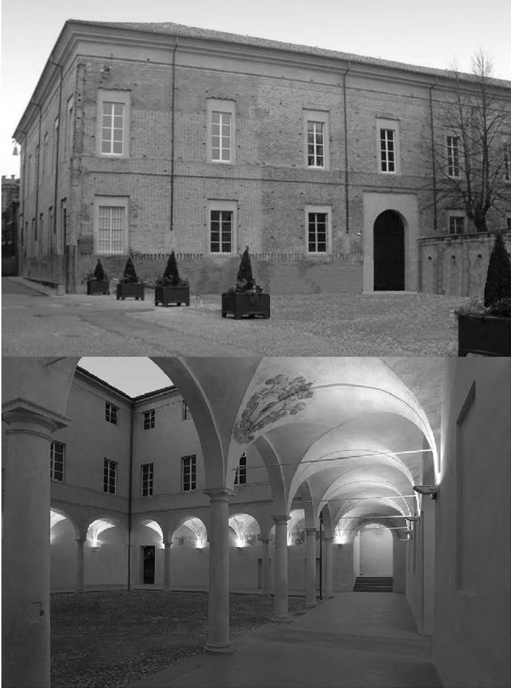 19. Progetto di recupero e restauro conservativo e funzionale di Palazzo Cusani in piazza S. Francesco a Parma, con altri, concorso, progetto vincitore e selezionato per il Premio delle Cento Città, 1997 – Vista esterna e vista della corte
