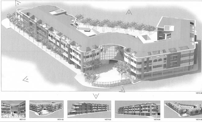 22. Progetto planivolumetrico del lotto “ex segheria” dell’ex Industria Sarda Imballaggi lungo via Sulcitana e via F.lli Wright a Elmas (CA), 2011 – Rendering