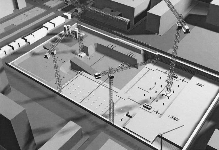 24. Gara di appalto per la realizzazione del Centro Congressi a Roma – Eur, 2003-08 – Elaborato di gara raffigurante lo sviluppo del cantiere al sesto mese