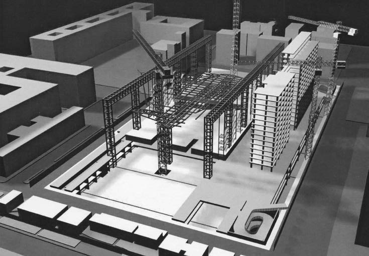 26. Gara di appalto per la realizzazione del Centro Congressi a Roma – Eur, 2003-08 – Elaborato di gara raffigurante lo sviluppo del cantiere al diciottesimo mese