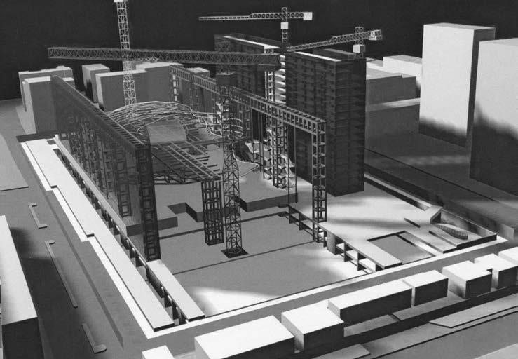 27. Gara di appalto per la realizzazione del Centro Congressi a Roma – Eur, 2003-08 – Elaborato di gara raffigurante lo sviluppo del cantiere al ventiquattresimo mese