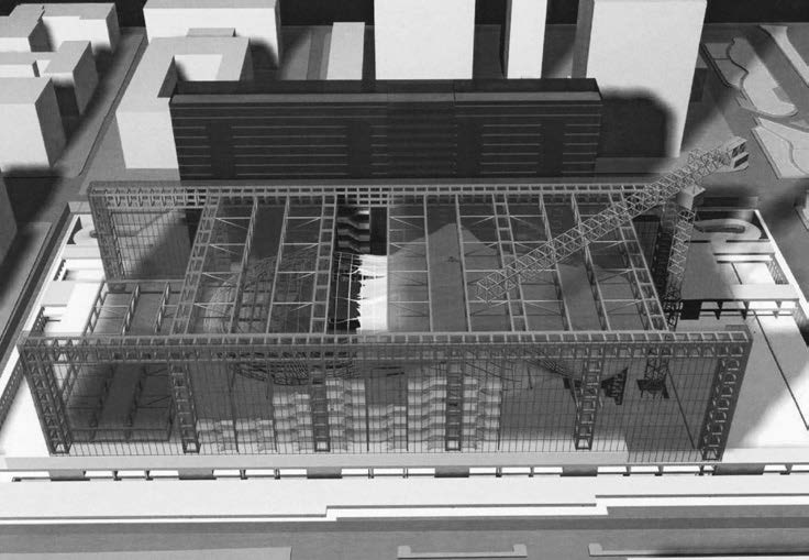 28. Gara di appalto per la realizzazione del Centro Congressi a Roma – Eur, 2003-08 – Elaborato di gara raffigurante lo sviluppo del cantiere al trentesimo mese