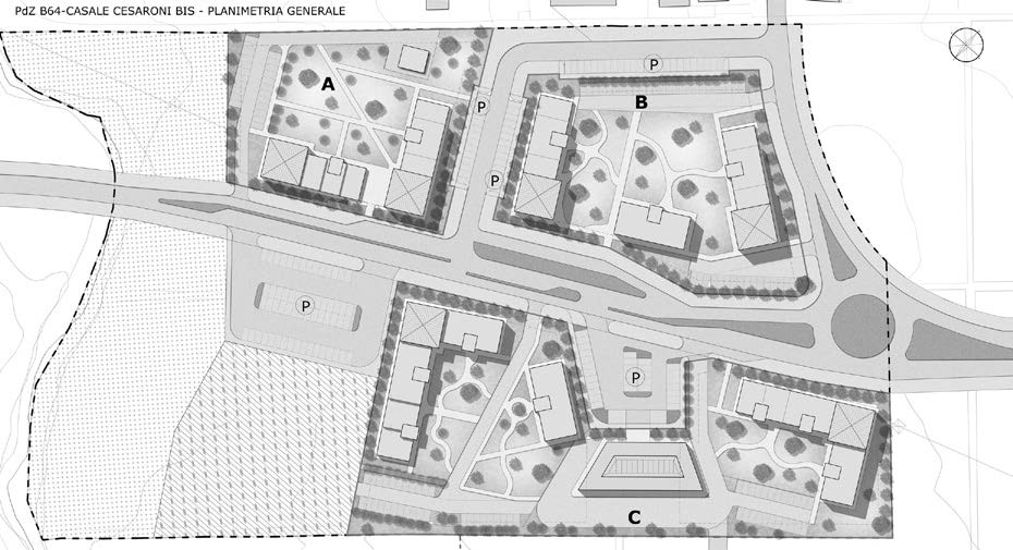32. Progetto planivolumetrico per il PdZ B 64 Casale Cesaroni bis a Roma, 2021 – Planimetria e profili