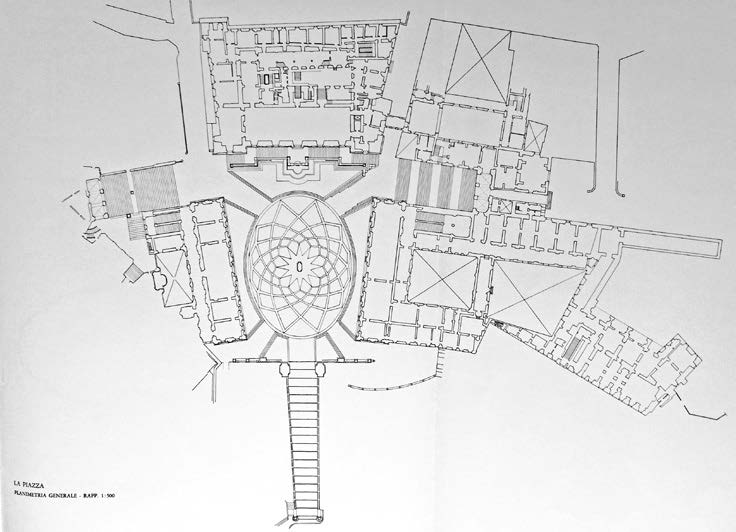 34. Rilievo e restituzione grafica dei Palazzi Nuovo, Senatorio e dei Conservatori in Piazza del Campidoglio a Roma, eseguiti per la pubblicazione del libro promosso dall’Accademia di San Luca per il cinquecentenario della morte di Michelangelo, 1964 – Planimetria generale