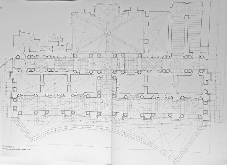 35. Rilievo e restituzione grafica dei Palazzi Nuovo, Senatorio e dei Conservatori in Piazza del Campidoglio a Roma, eseguiti per la pubblicazione del libro promosso dall’Accademia di San Luca per il cinquecentenario della morte di Michelangelo, 1964 – Pianta del piano terreno di Palazzo Nuovo