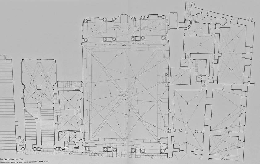 36. Rilievo e restituzione grafica dei Palazzi Nuovo, Senatorio e dei Conservatori in Piazza del Campidoglio a Roma, eseguiti per la pubblicazione del libro promosso dall’Accademia di San Luca per il cinquecentenario della morte di Michelangelo, 1964 – Particolare della pianta del piano terreno di Palazzo dei Conservatori