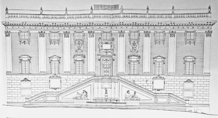 37. Rilievo e restituzione grafica dei Palazzi Nuovo, Senatorio e dei Conservatori in Piazza del Campidoglio a Roma, eseguiti per la pubblicazione del libro promosso dall’Accademia di San Luca per il cinquecentenario della morte di Michelangelo, 1964 – Prospetto principale