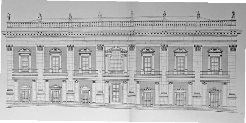 38. Rilievo e restituzione grafica dei Palazzi Nuovo, Senatorio e dei Conservatori in Piazza del Campidoglio a Roma, eseguiti per la pubblicazione del libro promosso dall’Accademia di San Luca per il cinquecentenario della morte di Michelangelo, 1964 – Prospetto principale di Palazzo dei Conservatori