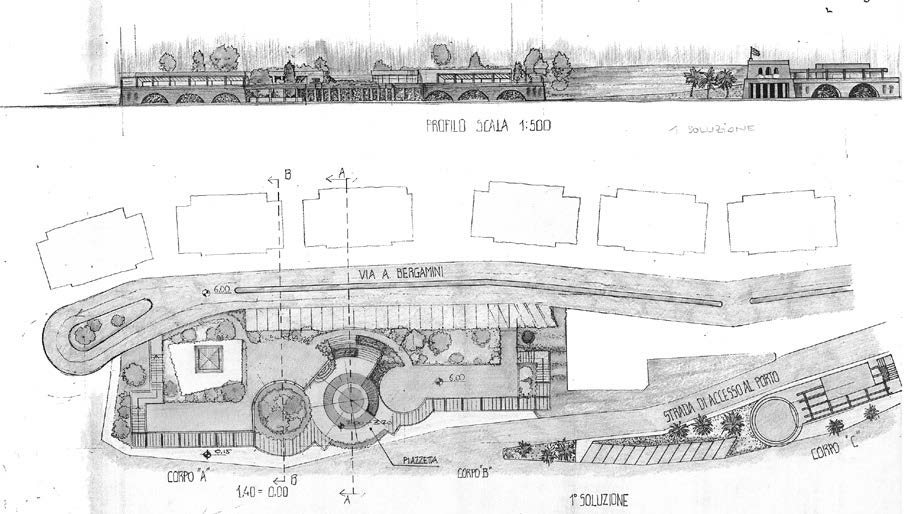 6. Ampliamento del porto a S. Felice Circeo (LT), IV stralcio finanziamento, previsioni di ampliamento generale e sistemazioni a terra fronte porto non completato, capogruppo ing. Scalzi, 1971-75 – Profilo e planimetria